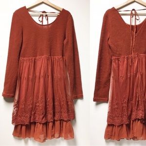 A’Reve Long Sleeve Sweater Dress Red/Orange Lace